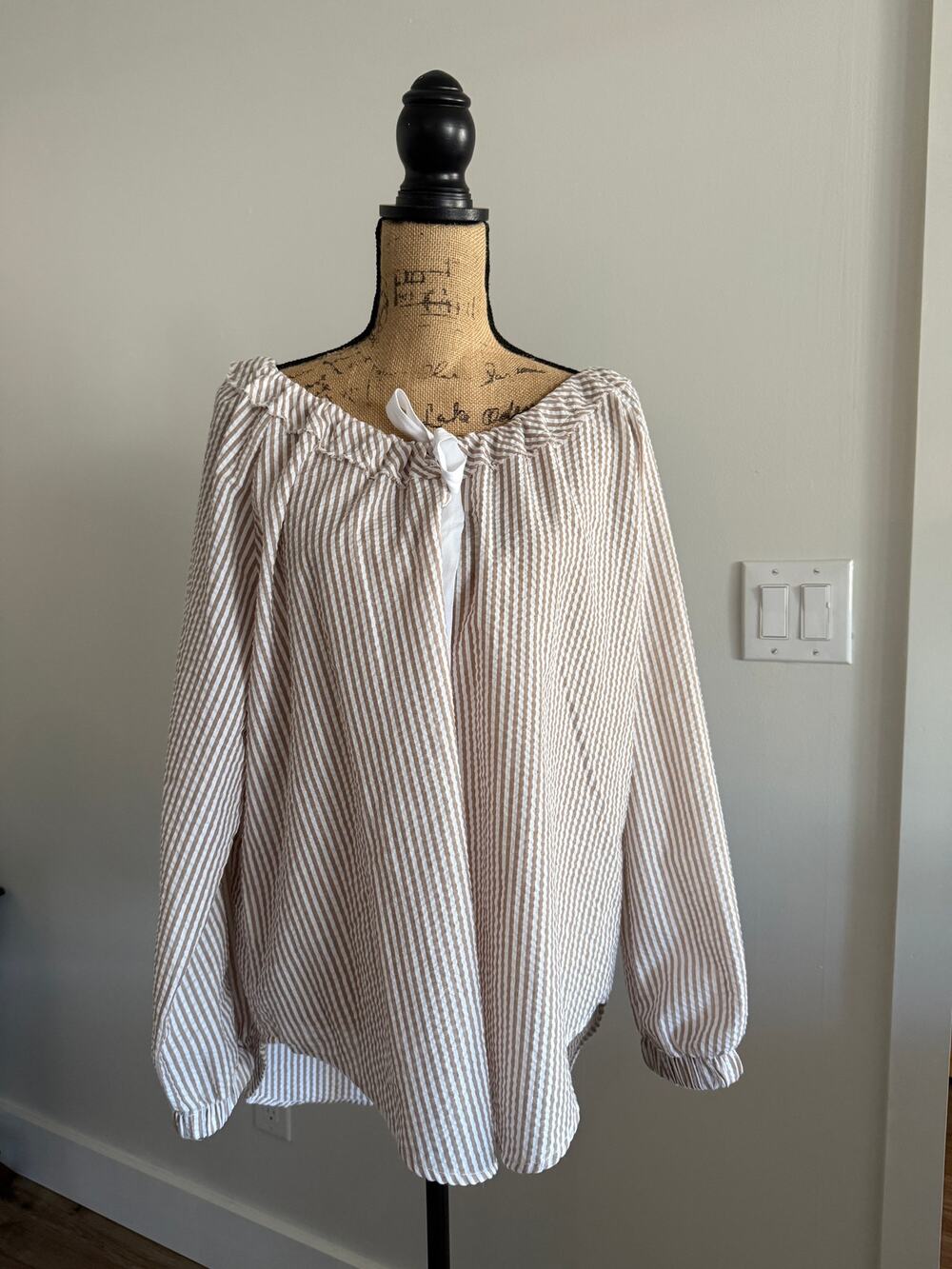 Beige and White Striped Loose Fit Blouse Size Medium